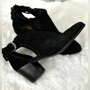 Y2K “Grace Anne” Black Suede Buckle Perforated Heeled Booties Boots Anne Klein